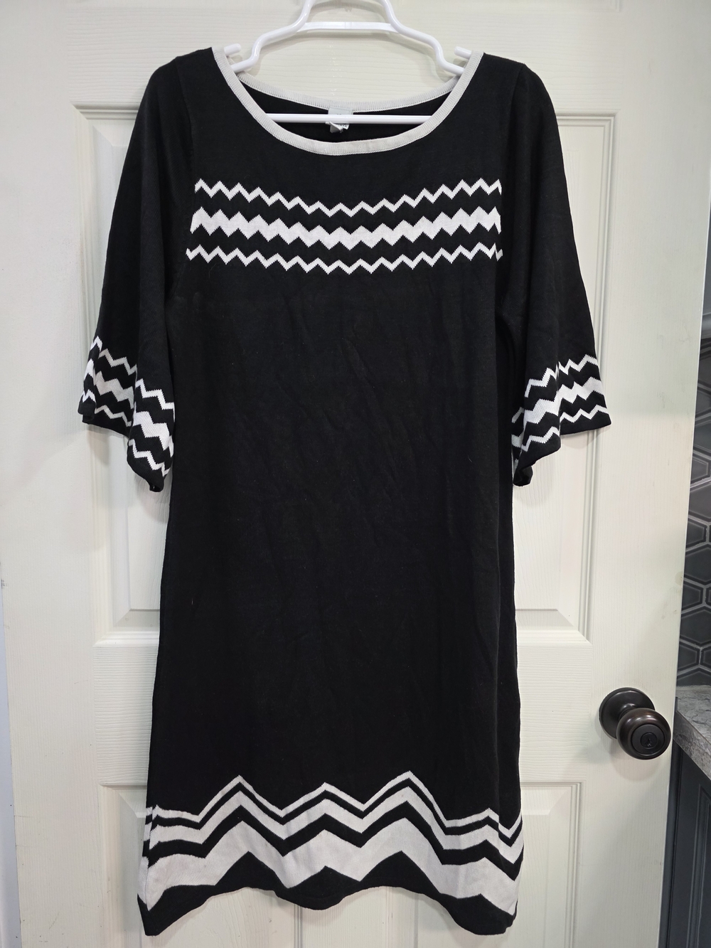 Signature by Sangria Black Sweater Dress with White Chevron Trim